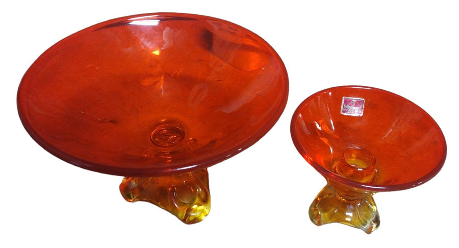 Vintage 1960s Handmade Viking Art Glass Bowl and Candle Holder Pair