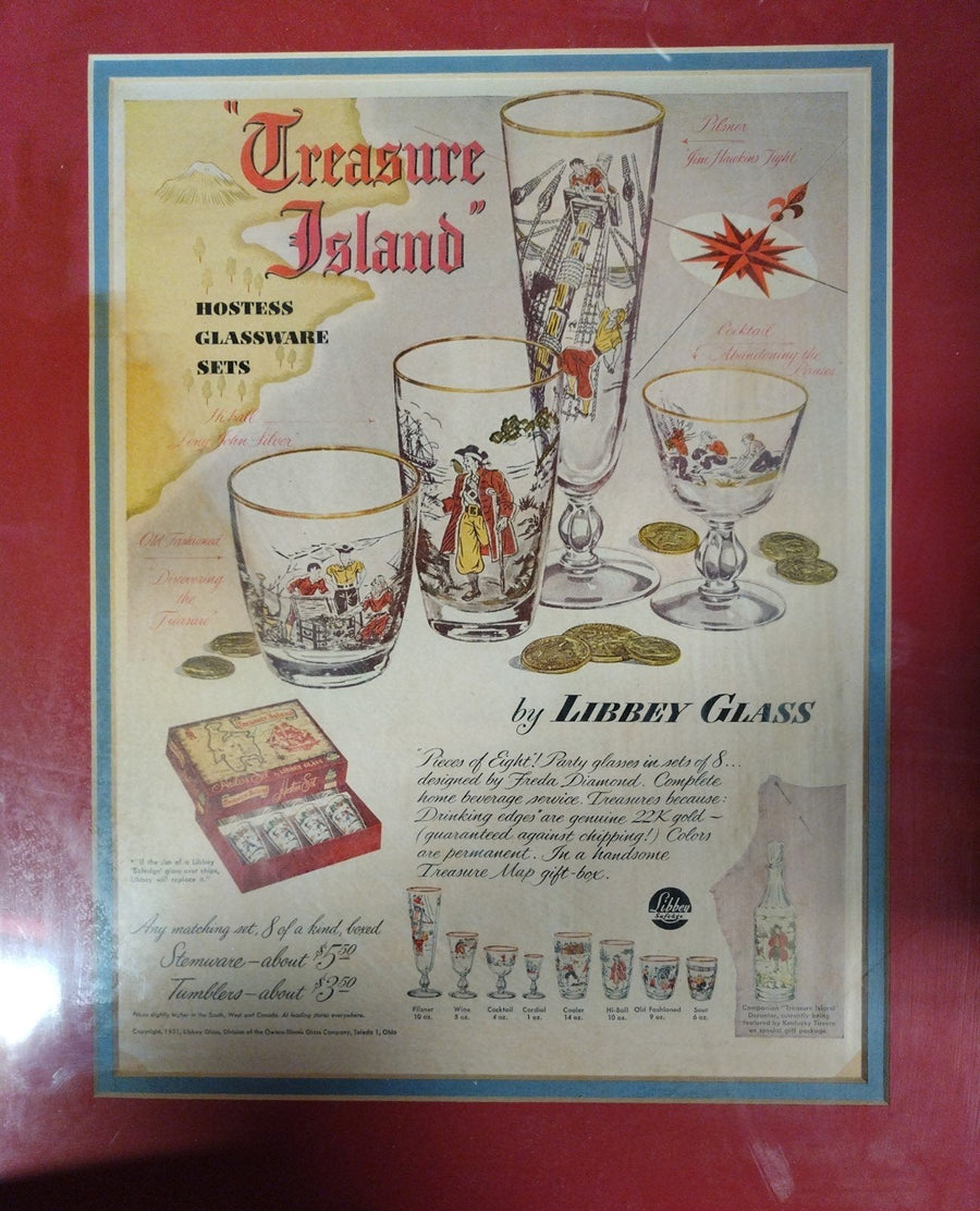 Vintage 1951 Pilsner 7-Glass Set & Framed Double-Matted Advertisement Poster