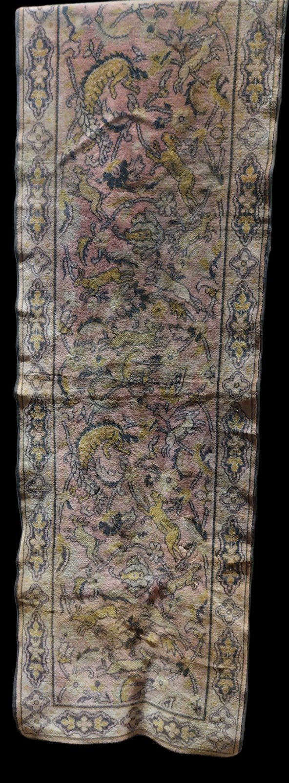 Antique Intricate Artisan Silk Pink Flower and Animal Motif Table Runner Rug