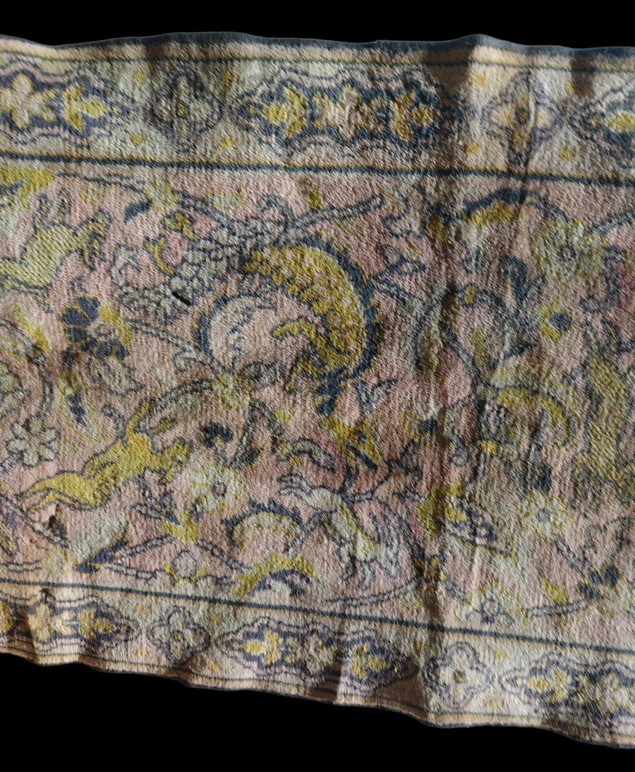 Antique Intricate Artisan Silk Pink Flower and Animal Motif Table Runner Rug