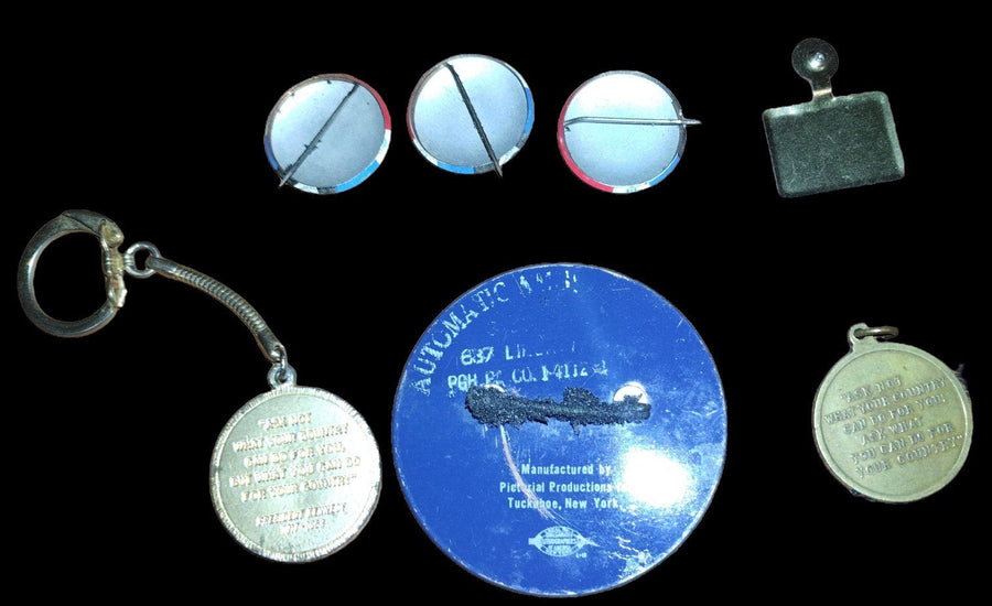 Vintage 1960s JFK John F Kennedy Political Campaign Pins and Gold Keychain Coins