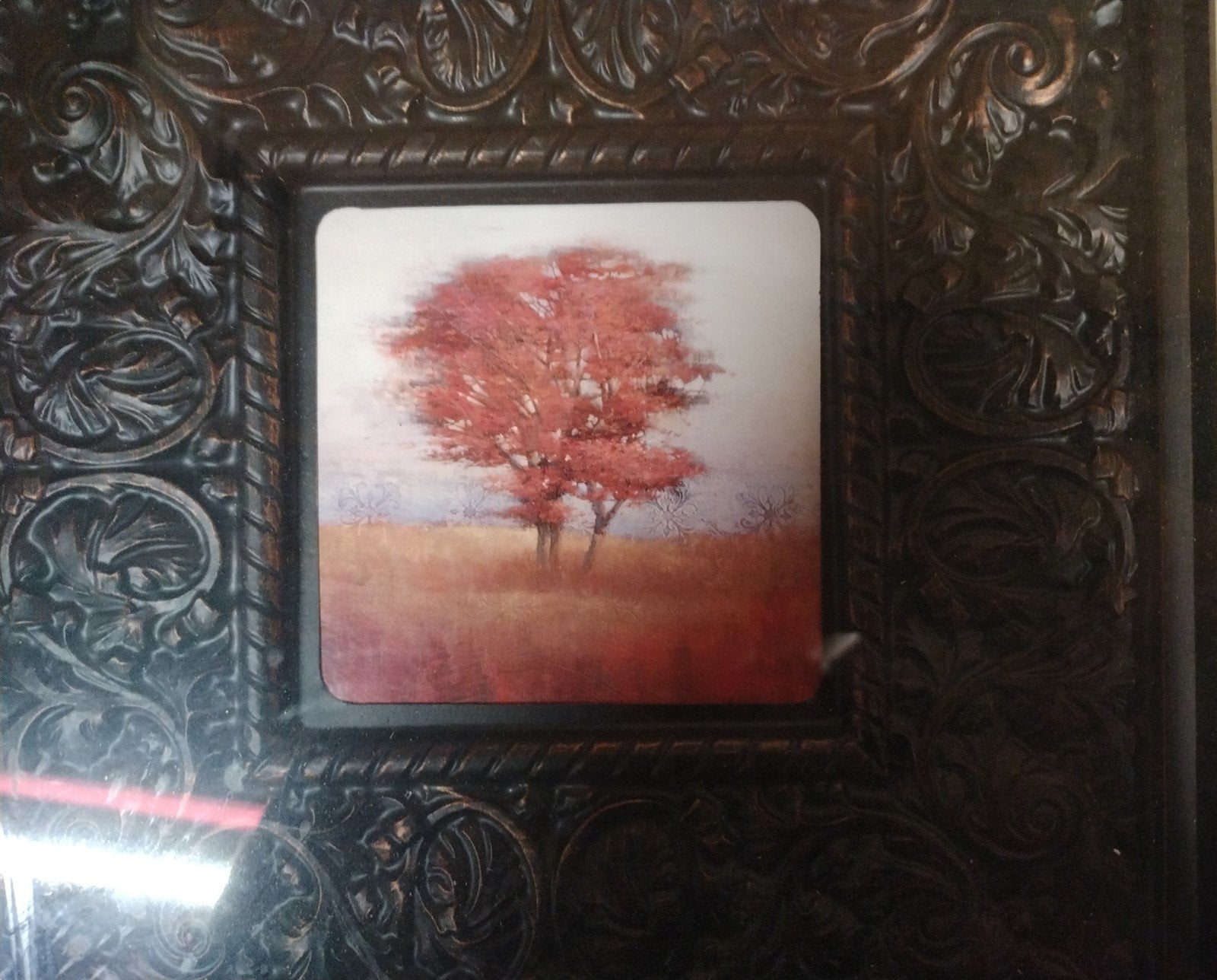 Vintage Tree Print Painting Encased in Three Layers of Metal Frames