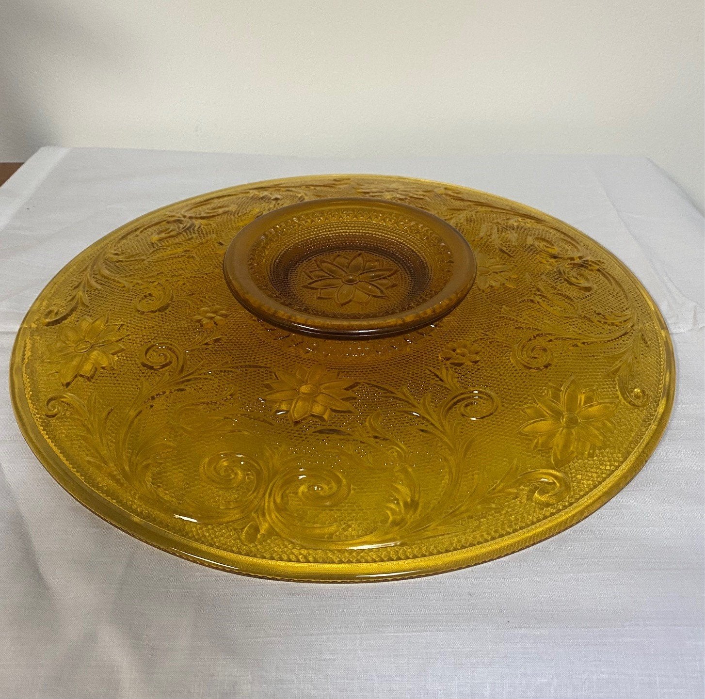 Beautiful Vintage 1970's Tiara Amber Sandwich Glass Footed Collectible Platter