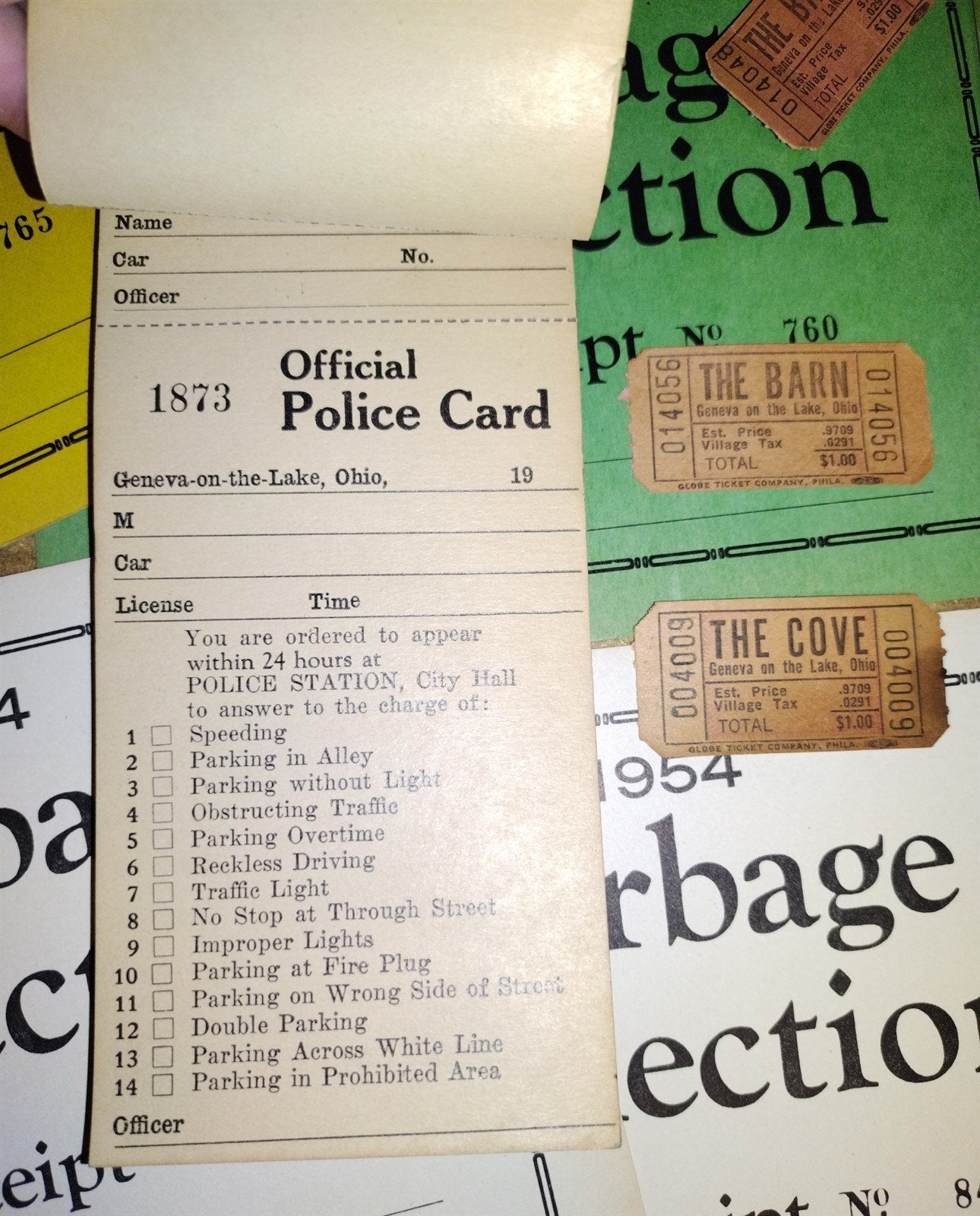 Vintage Real Geneva-On-The-Lake Police Card & Tickets The Cove Barn Lake Erie