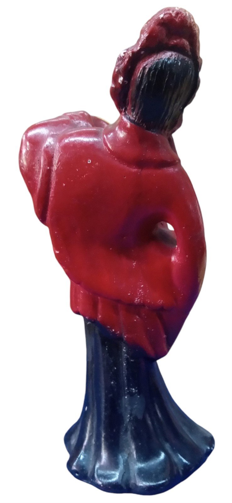 Vintage Glazed Red and Black Statue of Traditional Noble Chinese Woman With Fan