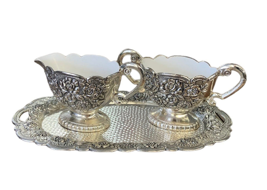 Himark Vintage Sugar Creamer Set with Tray 3pc Silver Rose Embossed