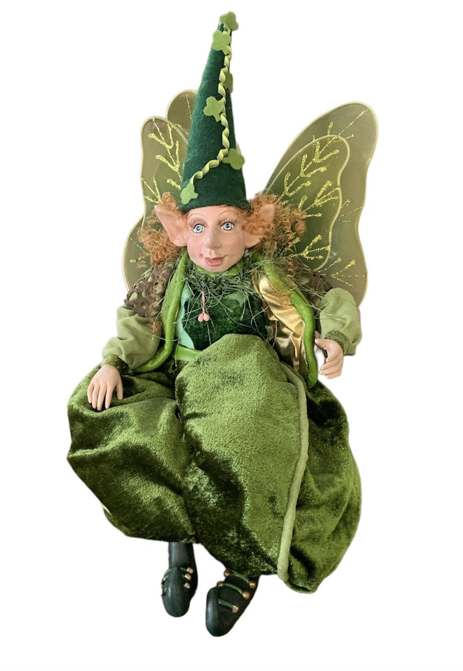 Irish Green Sitting Pixie Elf with Wings Home Decor Christmas Fairy Doll