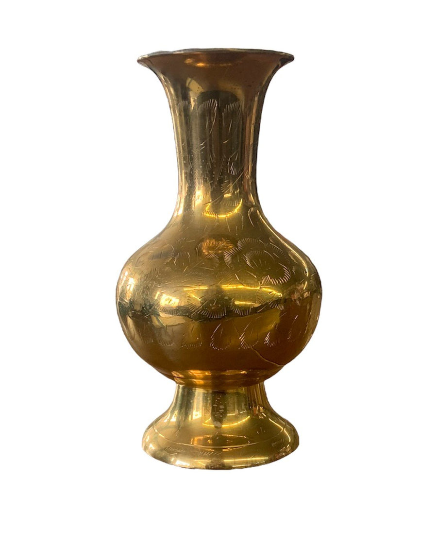 Vintage Brass Floral Etched Vase MCM Mid Century Modern 60s 70s India