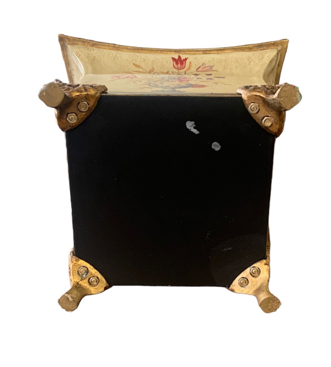 Brass Footed Tole Hand Painted Design Bin Planter MCM Mid Century Modern