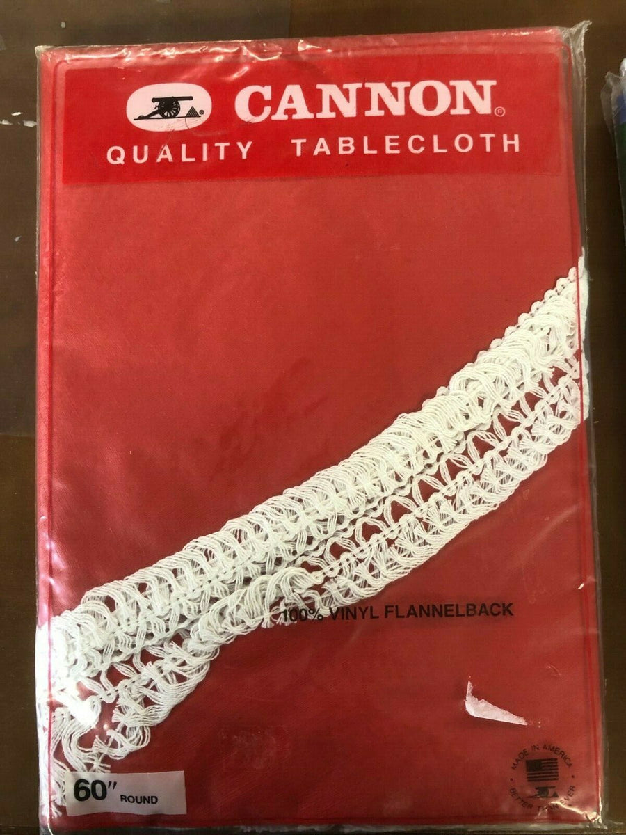 VINTAGE - NEW NEVER OPENED 60" ROUND RED FLANNEL BACK TABLECLOTH CANNON