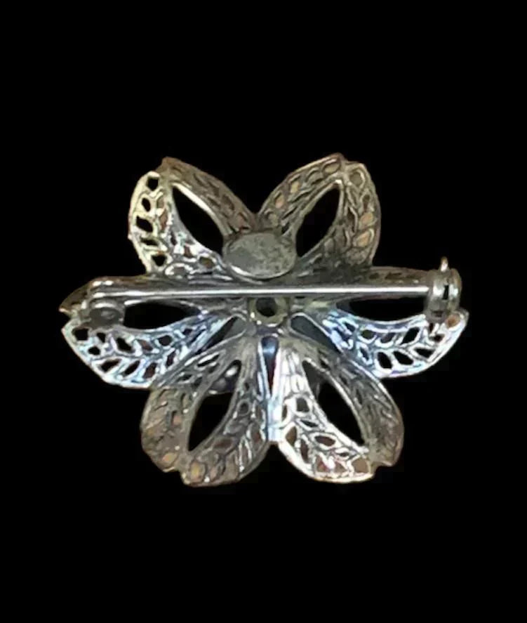 Vintage 925 Sterling Silver By Jewelart Filigree Style Floral Brooch Flower Pin