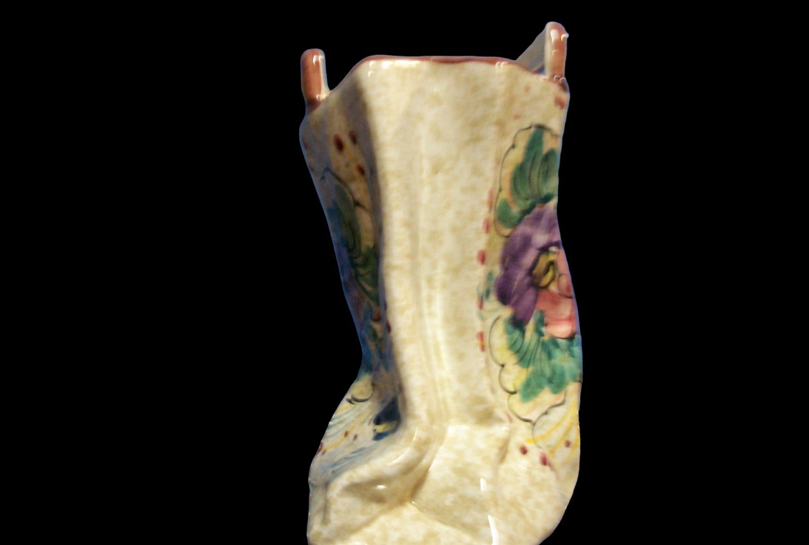 Vintage Antique Dipinto a Mano Hand Painted Floral Ceramic Bag Planter Vase