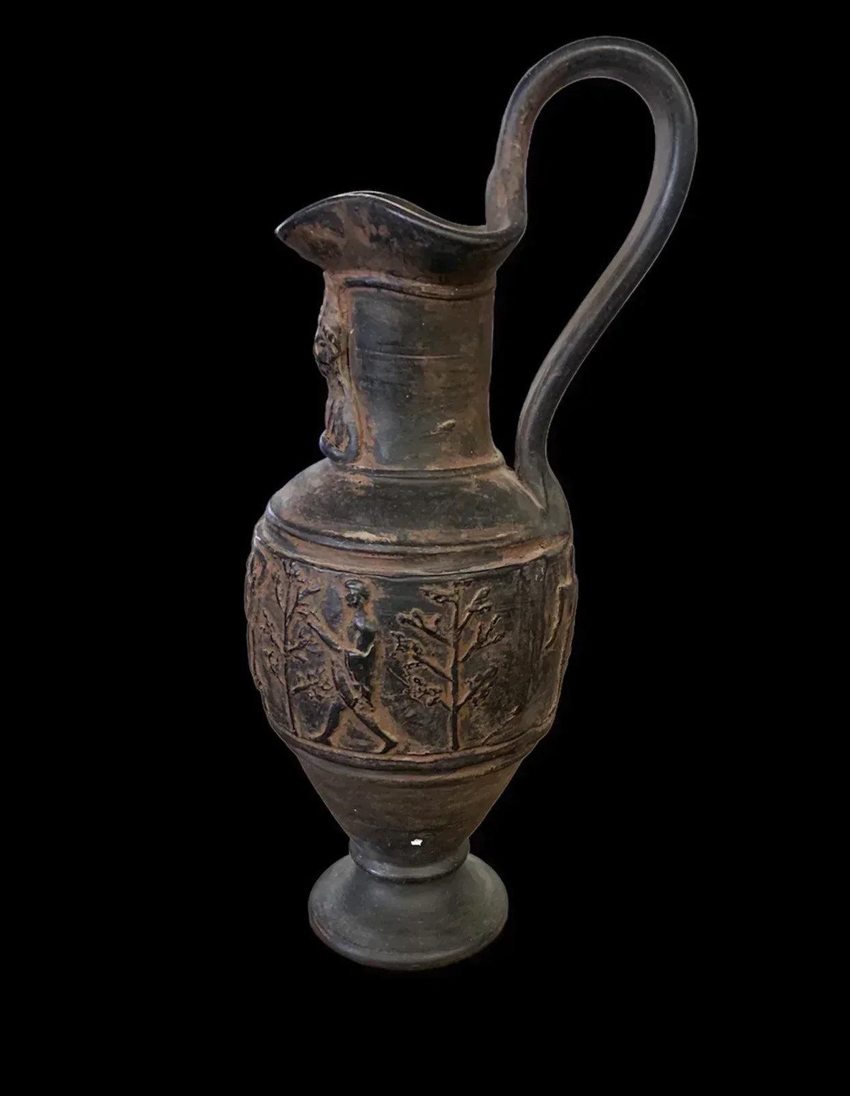 Vintage Hand Carved Terracotta Clay Pitcher With Spout Human Figures Pottery