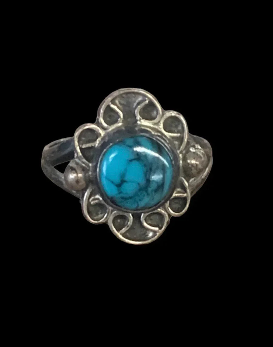 Vintage Antique 925 Sterling Silver Turquoise Size 6 Ring Floral Boho Aesthetic