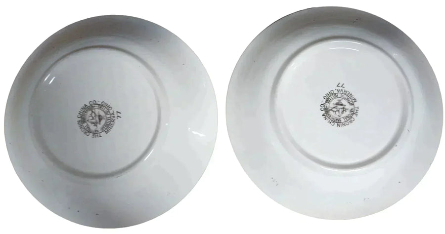 Vintage Pair of The Cronin China Co White Kitchenware Bowls w/ Art and Gold Trim
