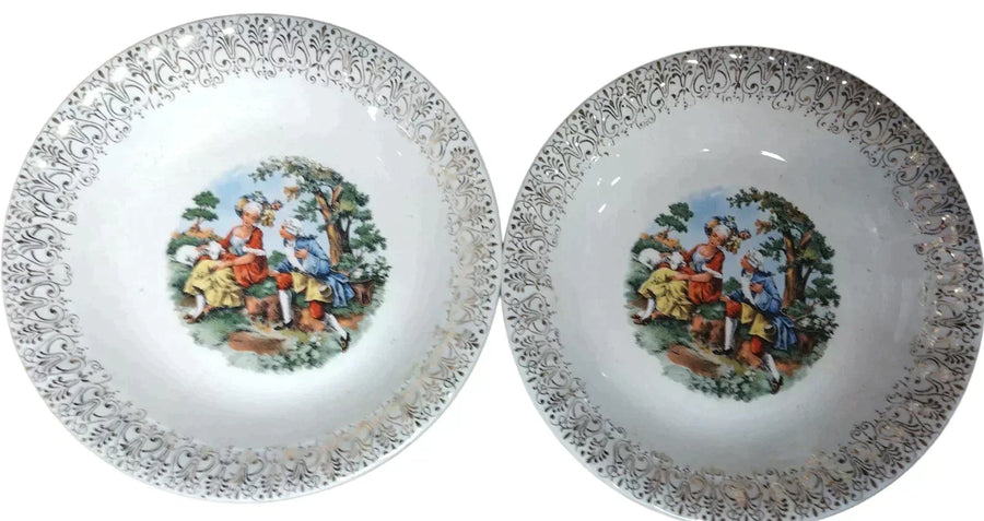 Vintage Pair of The Cronin China Co White Kitchenware Bowls w/ Art and Gold Trim