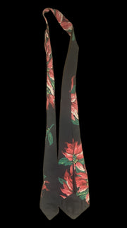 Vintage Black Silk Fabric Tie Red Floral Poinsettia Mens Unisex Fashion