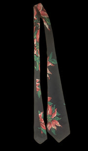 Vintage Black Silk Fabric Tie Red Floral Poinsettia Mens Unisex Fashion