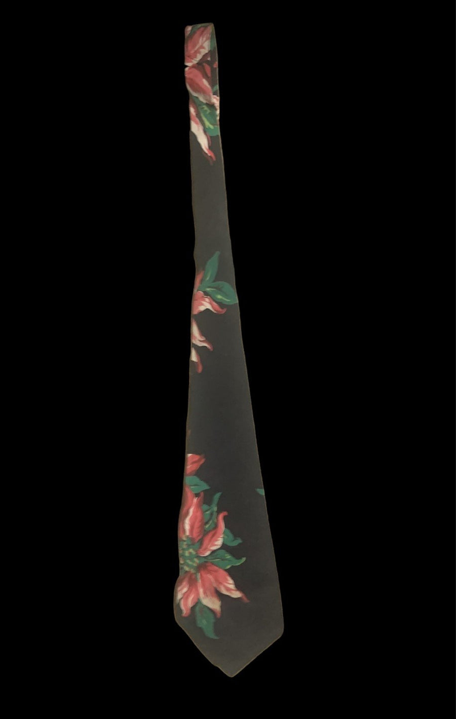 Vintage Black Silk Fabric Tie Red Floral Poinsettia Mens Unisex Fashion