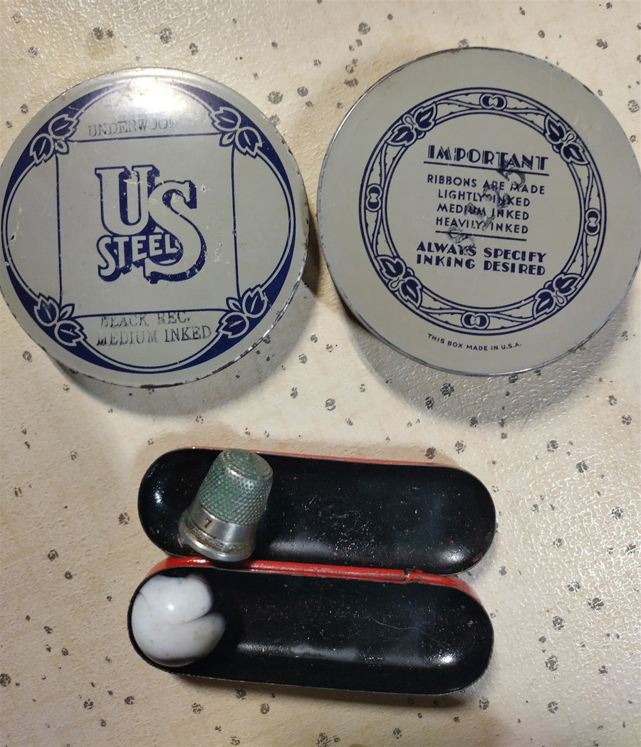 Vintage Sewing Supplies Copper Buttons Thimble Ribbon Containers MFG Chalk