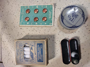 Vintage Sewing Supplies Copper Buttons Thimble Ribbon Containers MFG Chalk