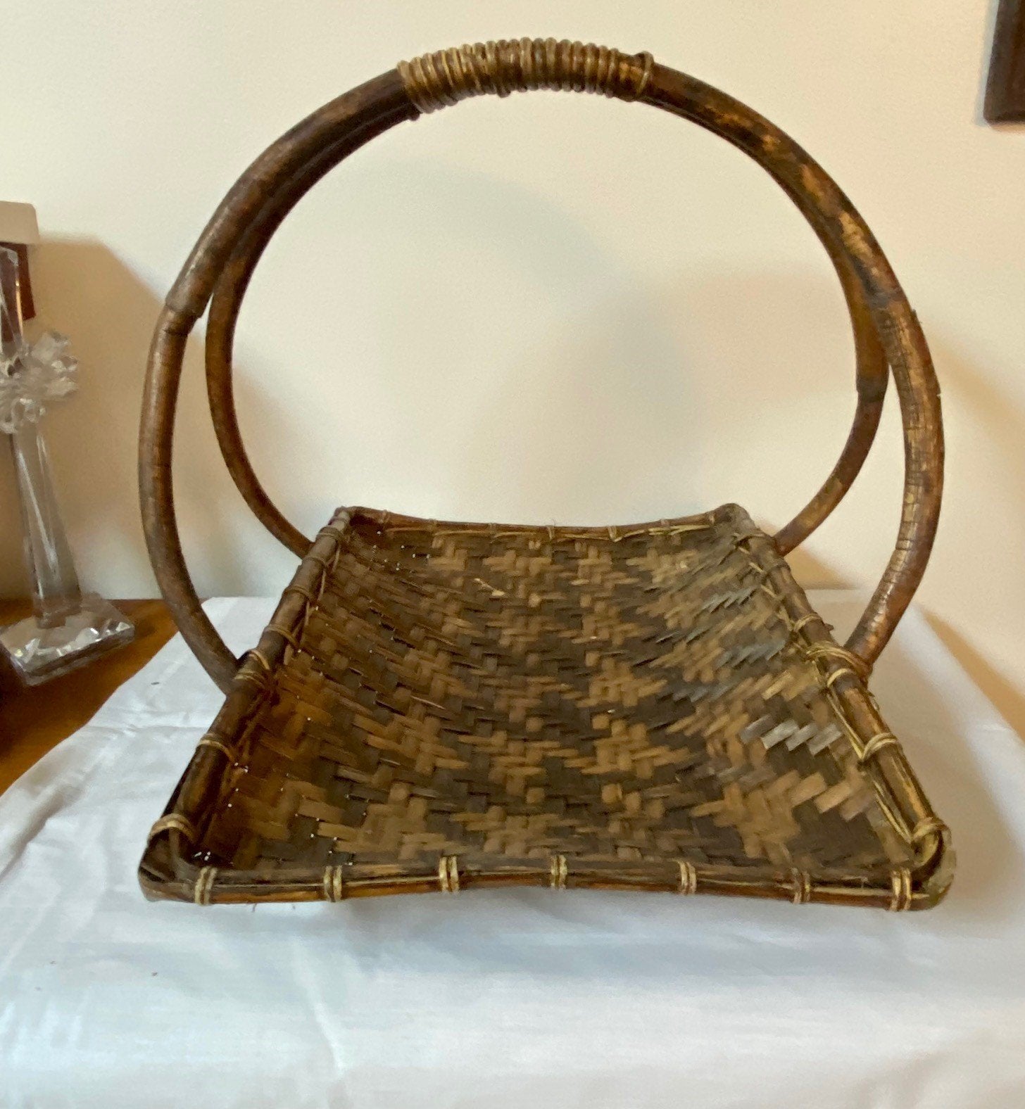 Vintage Rustic Brown Herringbone Rattan Basket w Bentwood Handles Cool Design