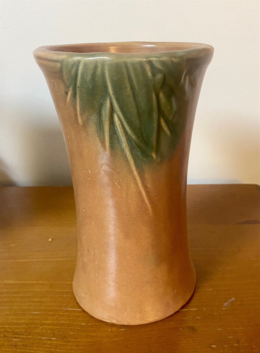 Beautiful 8 inch Nelson Mccoy Matte Rustic Glaze with Green Leaves Accent Vase