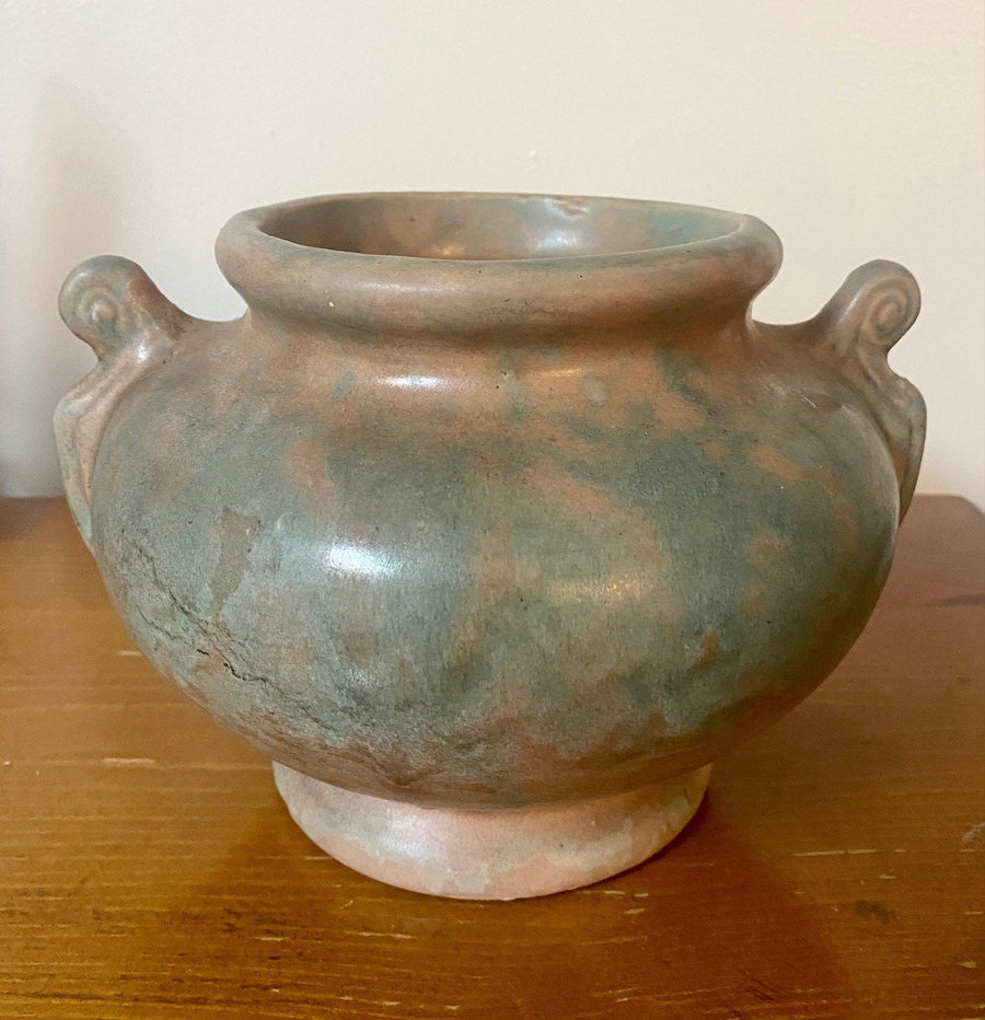 8 inch Lovely Antique Nelson McCoy Pottery Matte Green Glaze with Handles 1930s
