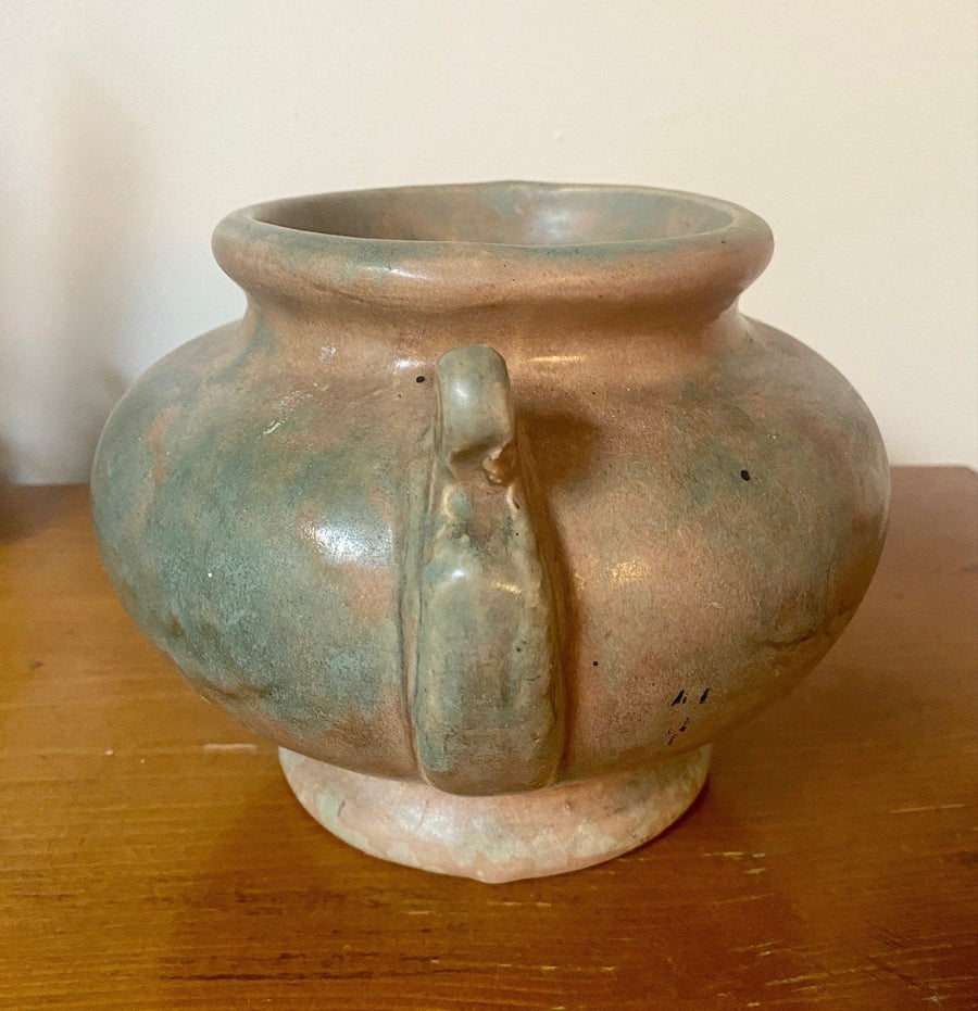 8 inch Lovely Antique Nelson McCoy Pottery Matte Green Glaze with Handles 1930s