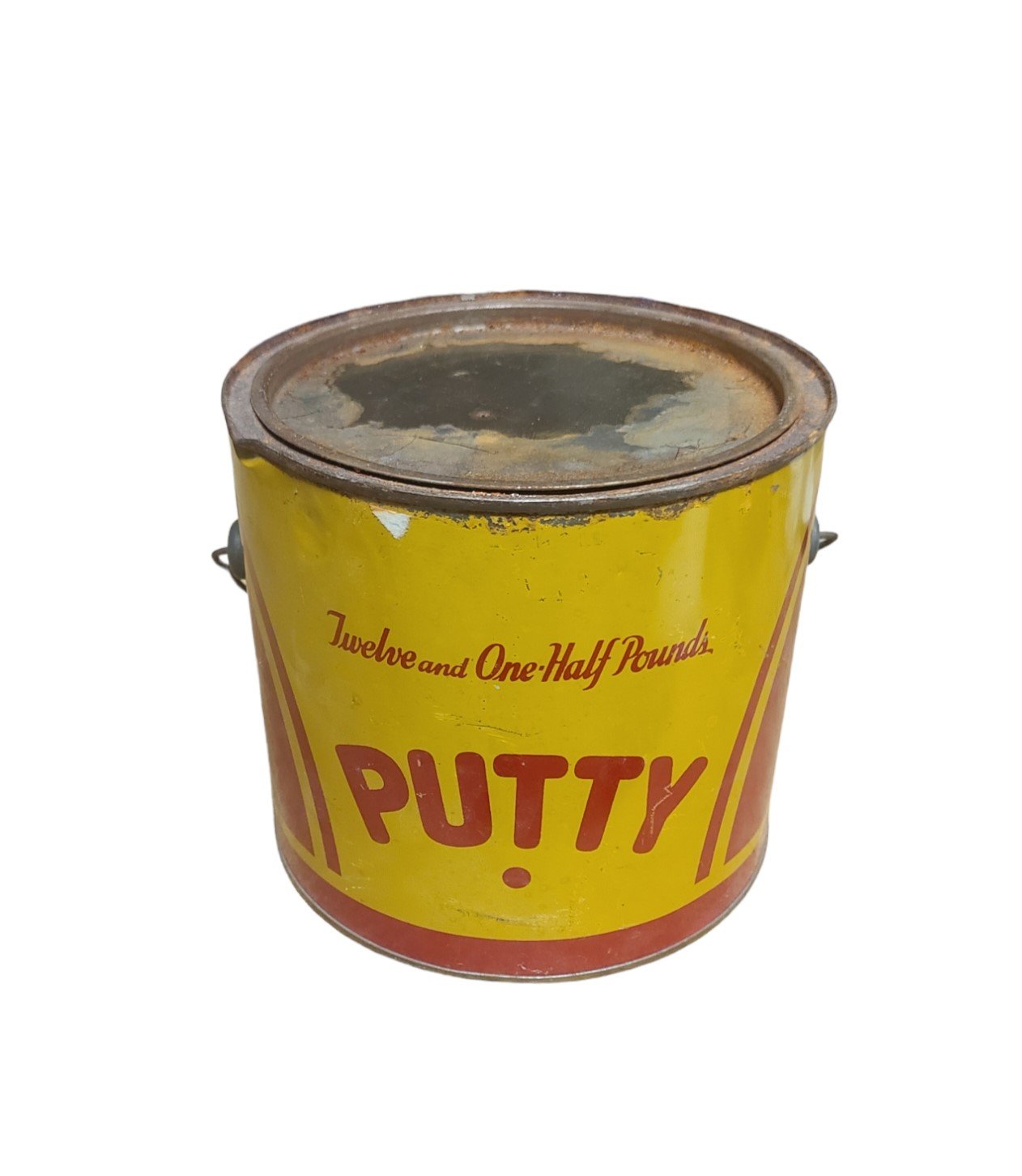Vintage Rustic Putty Can Empty Yellow Red Antique Metal Farmhouse Antique Decor