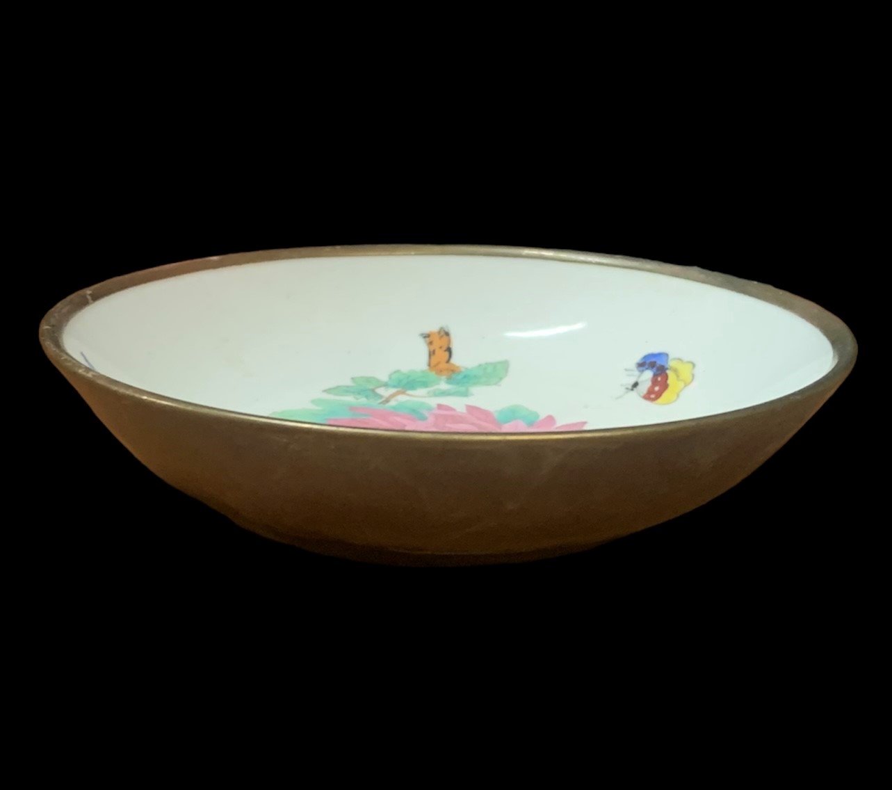 Vintage Decorative Use Only Floral Butterfly Brass Porcelain Bowl Made In China