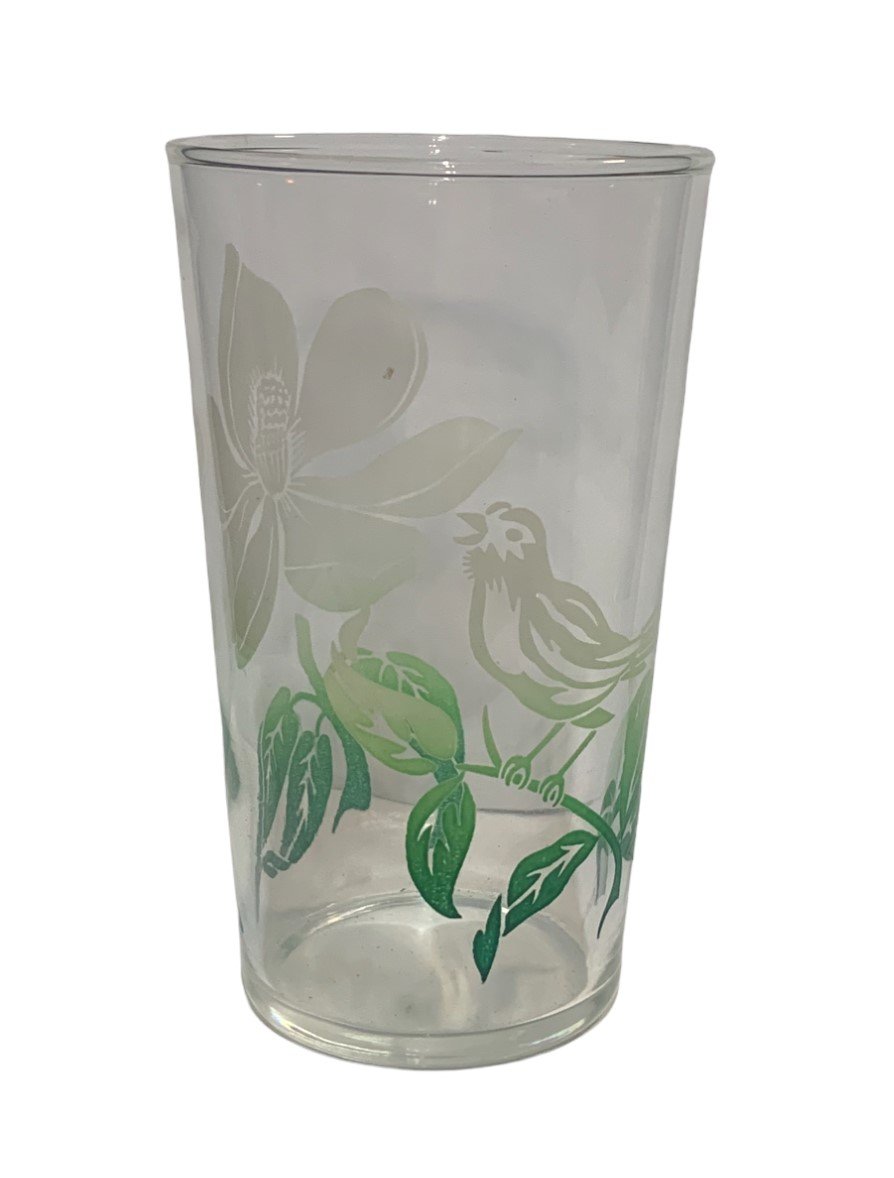 Vintage Green White Gradient Floral Foliage Bird 5pc Juice Swig Glass Set