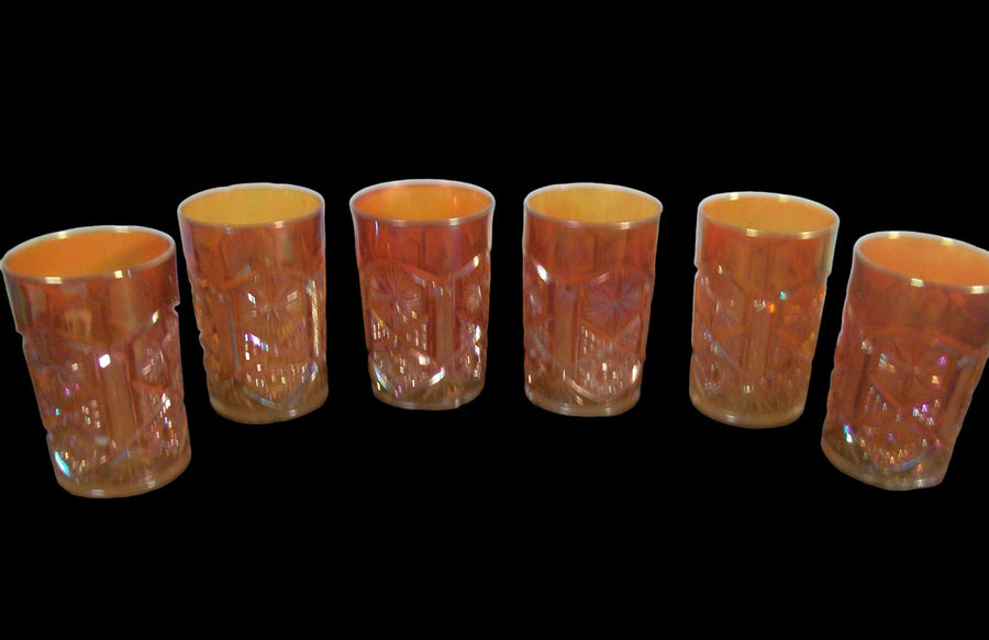 Amber Carnival Glass Antique Tumblers Set of 5 Vintage Imperial Marigold