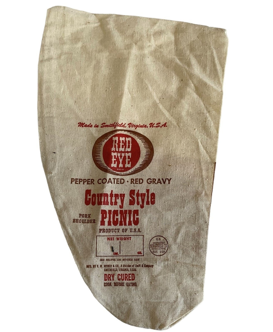 VINTAGE RED EYE BRAND COOKED COUNTRY STYLE HAM CLOTH BAG MADE IN SMITHFIELD VA