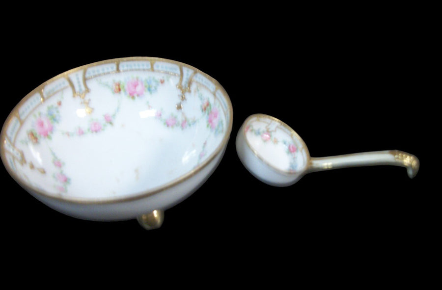 Vintage Antique Hand Painted Nippon Porcelain Footed Bowl w/ Ladle
