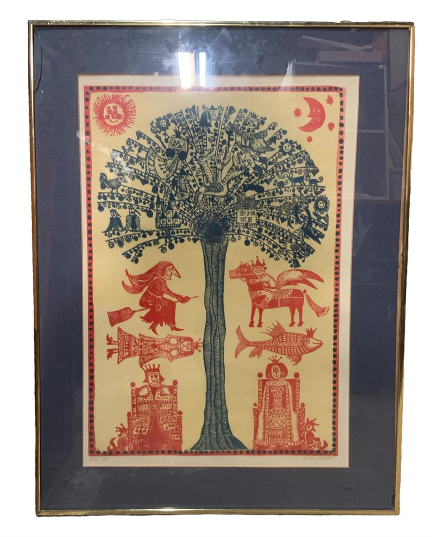Vintage Folk Wood Block Print Witch Medieval Red Blue Gold Frame Unknown Artist