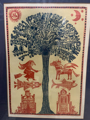 Vintage Folk Wood Block Print Witch Medieval Red Blue Gold Frame Unknown Artist
