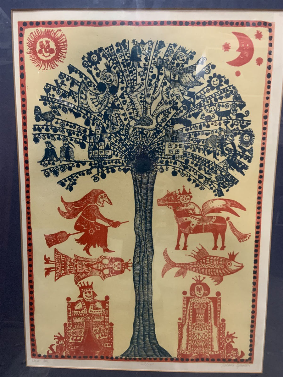 Vintage Folk Wood Block Print Witch Medieval Red Blue Gold Frame Unknown Artist
