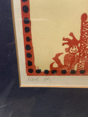 Vintage Folk Wood Block Print Witch Medieval Red Blue Gold Frame Unknown Artist