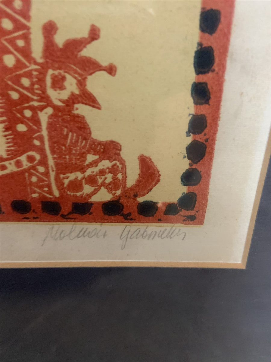 Vintage Folk Wood Block Print Witch Medieval Red Blue Gold Frame Unknown Artist