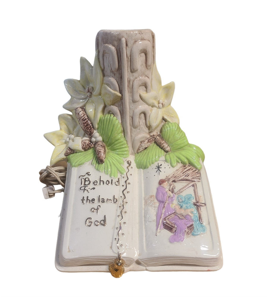 Vintage Hand Painted Open Book Religious Lamp Nativity Scene Atlantic Mold 1970s