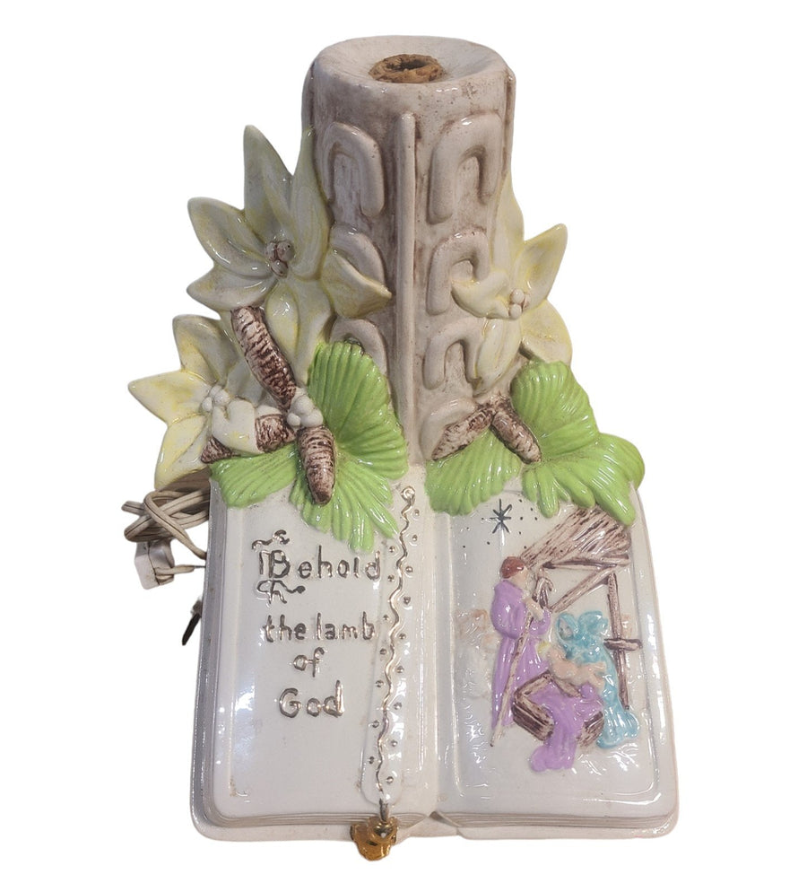 Vintage Hand Painted Open Book Religious Lamp Nativity Scene Atlantic Mold 1970s