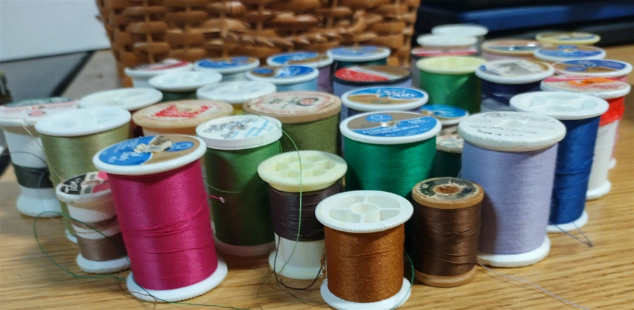 Vintage Lot of 40 Spools of Talon Coats & Clarks Thread and Handwoven Basket
