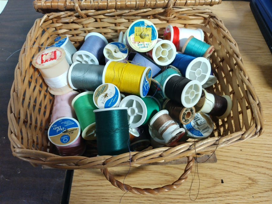 Vintage Lot of 40 Spools of Talon Coats & Clarks Thread and Handwoven Basket