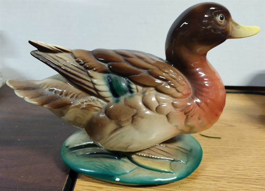 Vintage Ceramic Glazed Painted Green Brown Mallard Hen Duck Bird Statue Figure