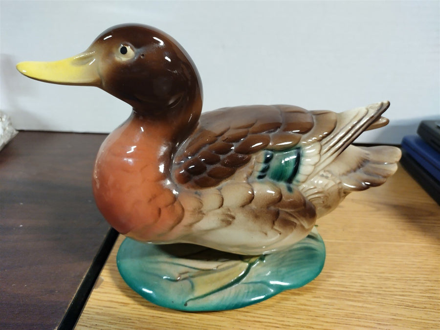 Vintage Ceramic Glazed Painted Green Brown Mallard Hen Duck Bird Statue Figure