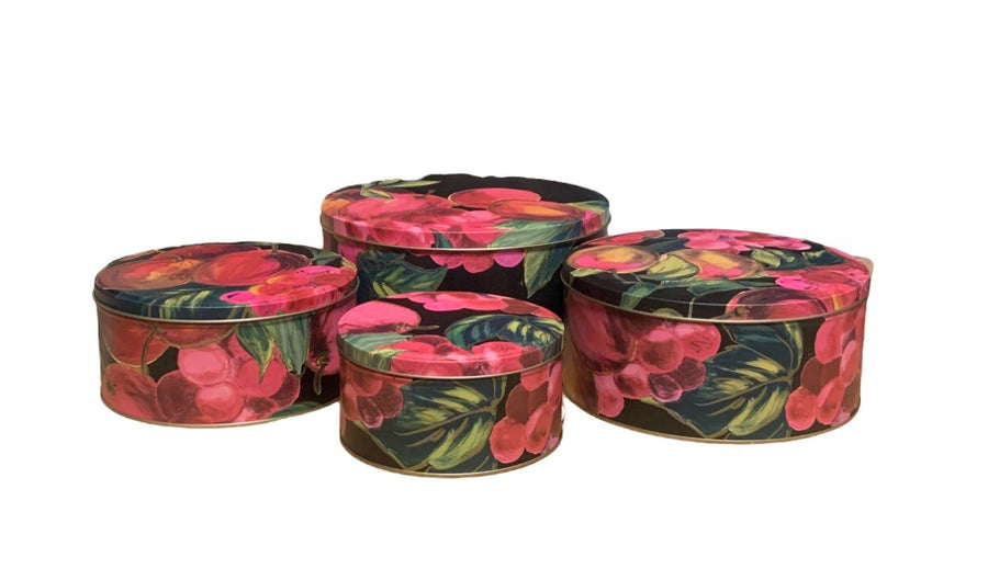 Vintage 4pc Black Floral Assorted Grapes Pears Apples Fruit Round Nesting Tins