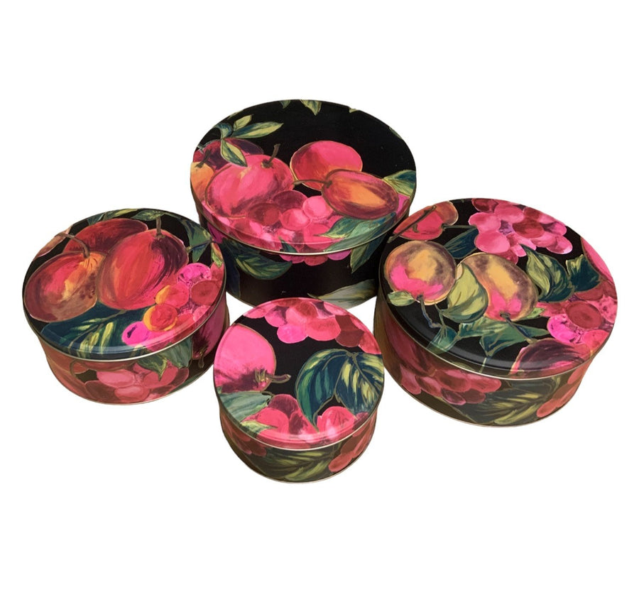 Vintage 4pc Black Floral Assorted Grapes Pears Apples Fruit Round Nesting Tins