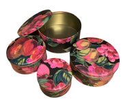 Vintage 4pc Black Floral Assorted Grapes Pears Apples Fruit Round Nesting Tins