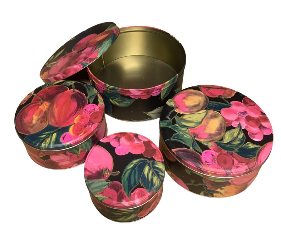 Vintage 4pc Black Floral Assorted Grapes Pears Apples Fruit Round Nesting Tins